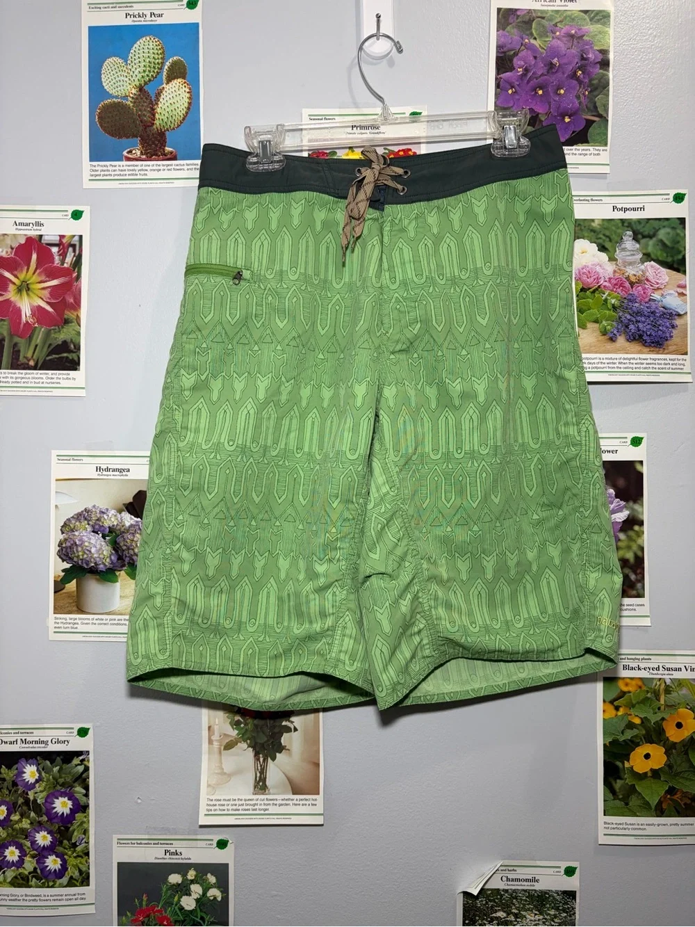 Patagonia Green Patterned Hybrid Board Shorts with Black Waistband